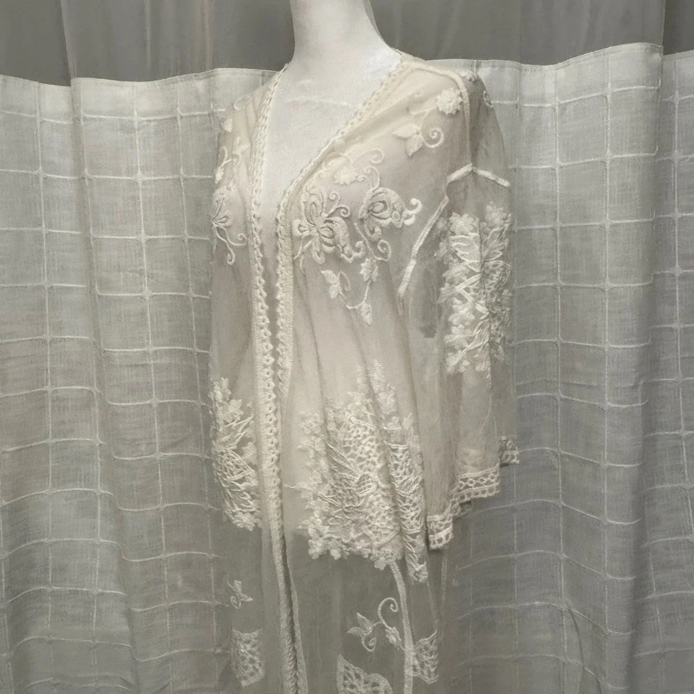 Anthropologie Do Everything In Love Cream Embroidered Sheer Lace Kimono Cardigan - Picture 4 of 7